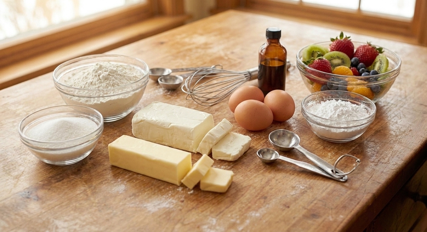 Ingredients for dessert pizza laid out on a light kitchen counter including flour, sugar, butter, eggs, vanilla, cream cheese, powdered sugar, and assorted fresh fruit