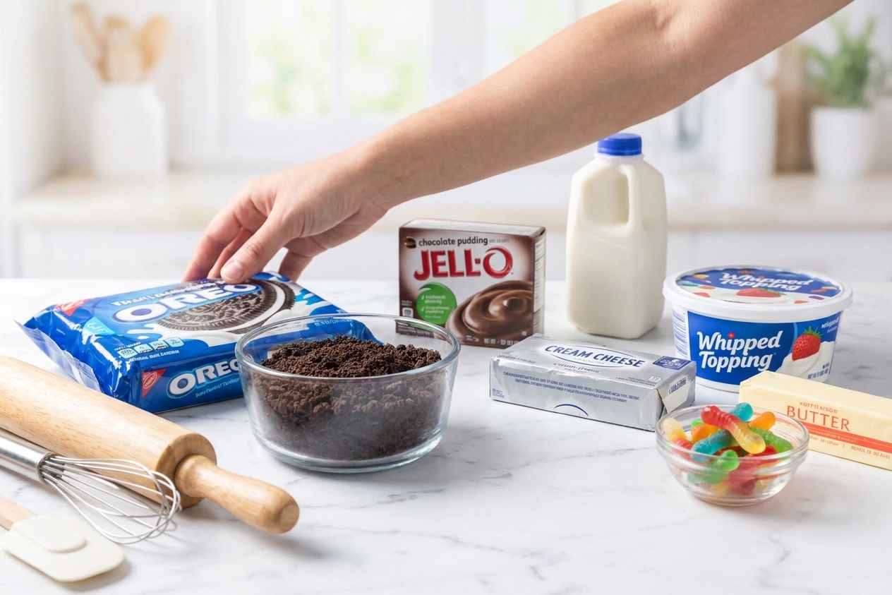 Ingredients for dirt dessert arranged on a kitchen counter, including Oreo cookies, instant chocolate pudding mix, milk, cream cheese, whipped topping, butter, and gummy worms