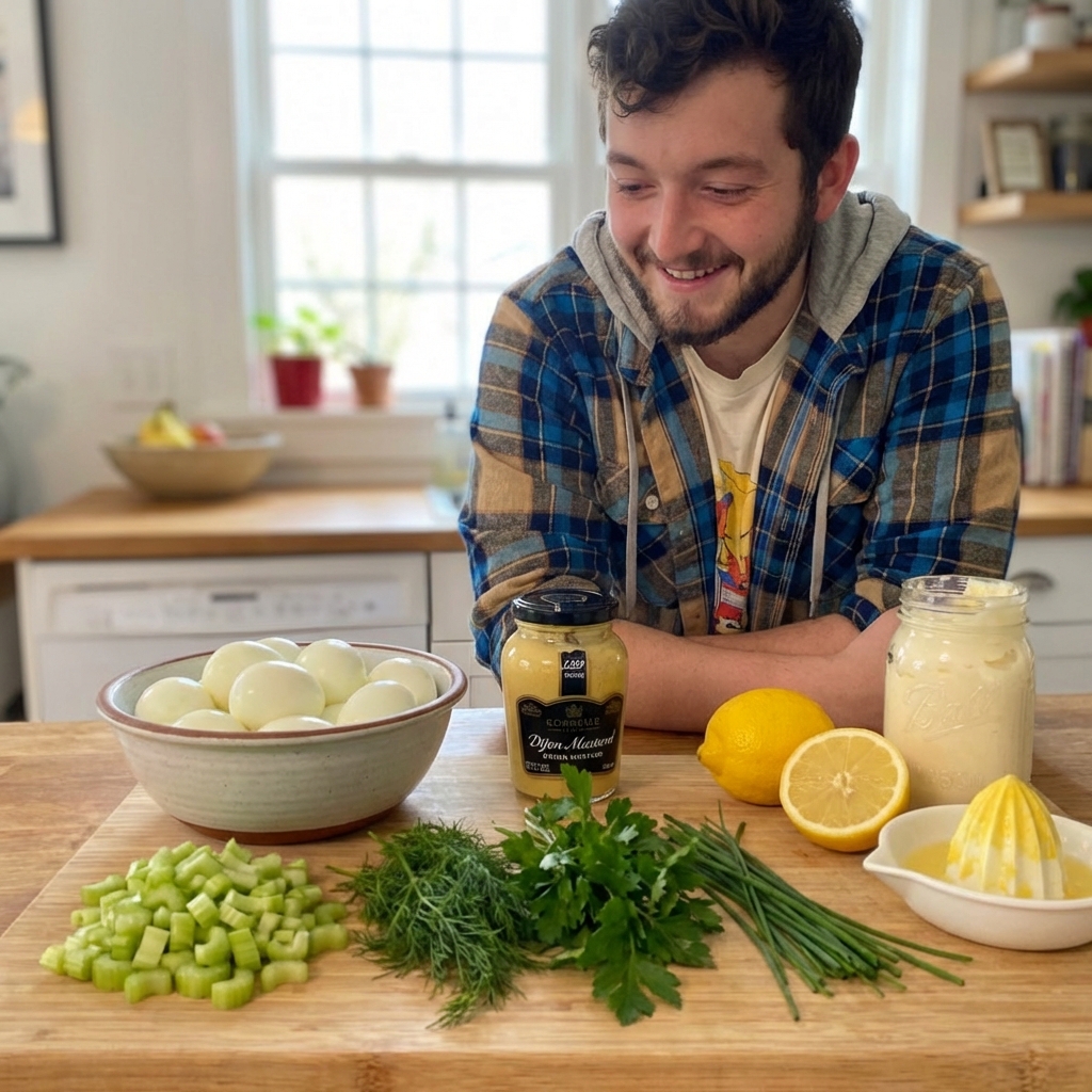 Ingredients for egg salad including boiled eggs, herbs, celery, Dijon mustard, lemon, and mayonnaise arranged on a kitchen counter