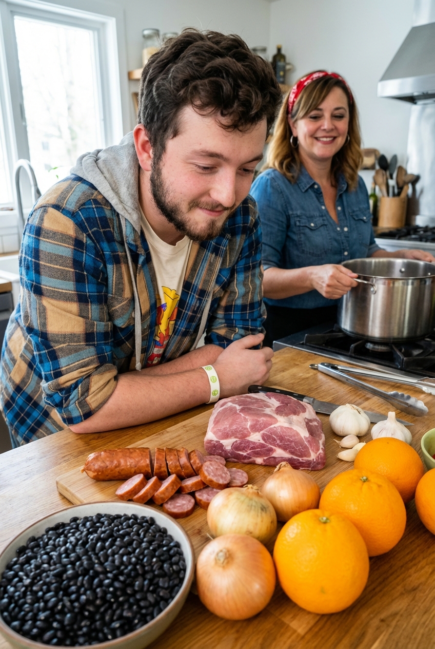 Ingredients for feijoada on a kitchen counter including black beans, smoked sausage, pork shoulder, onions, garlic, and oranges