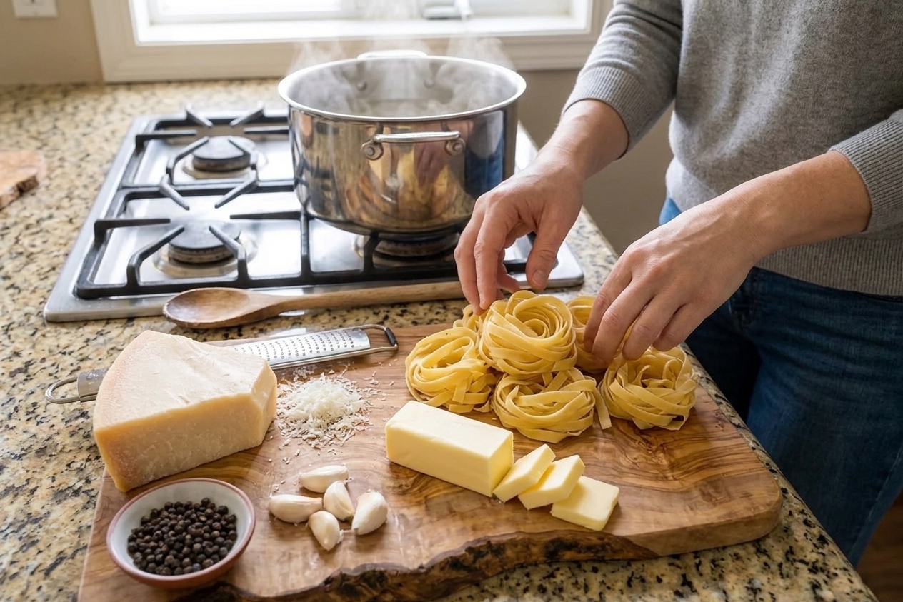 Ingredients for fettuccine Alfredo laid out on a kitchen counter, including fettuccine, butter, a wedge of Parmesan, garlic, black pepper, and a pot of water heating on the stove in the background