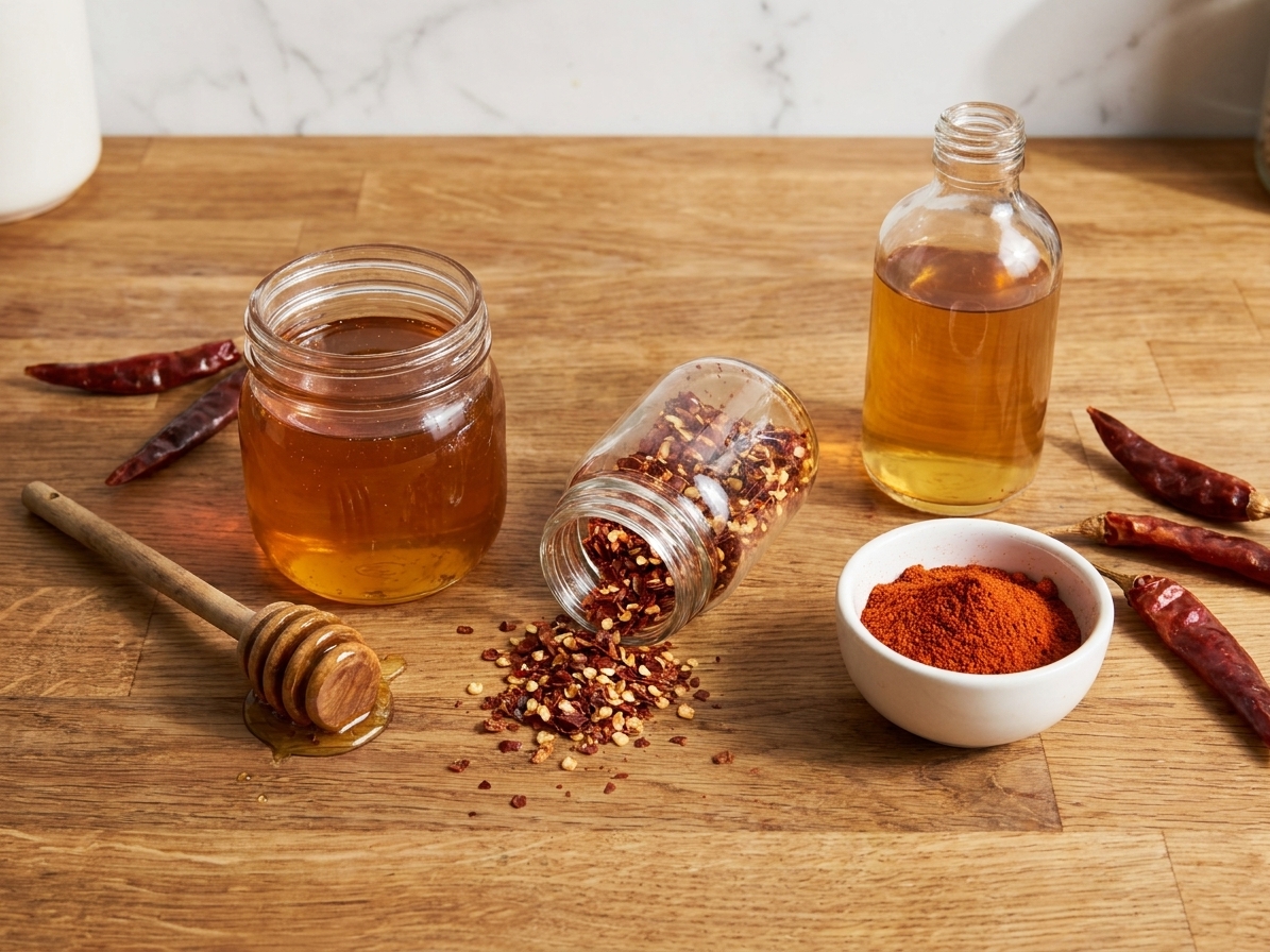 Ingredients for fire honey laid out on a wooden kitchen counter: honey, red pepper flakes, apple cider vinegar, and a small bowl of cayenne