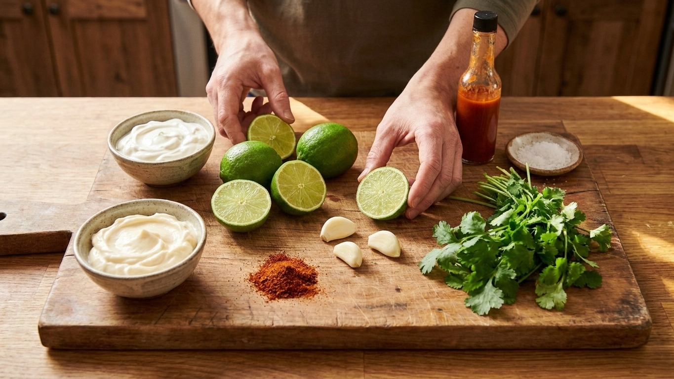 Ingredients for fish taco sauce arranged on a cutting board, including sour cream, mayonnaise, limes, garlic, chili powder, hot sauce, salt, and cilantro