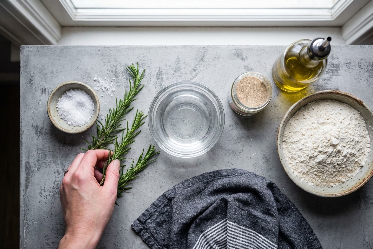 Ingredients for focaccia on a kitchen counter including flour, instant yeast, olive oil, rosemary, flaky salt, and a bowl of warm water