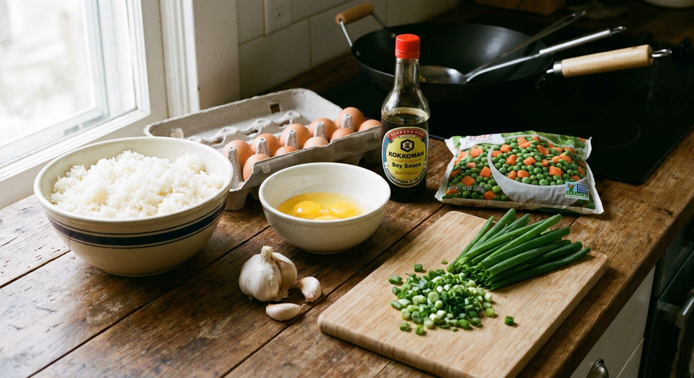 Ingredients for fried rice on a kitchen counter including cooked rice, eggs, soy sauce, frozen peas and carrots, garlic, and green onions