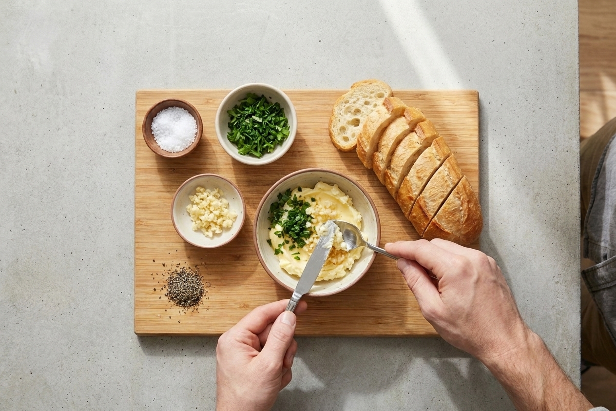 Ingredients for garlic toast including sliced bread, softened butter, minced garlic, chopped parsley, salt, and pepper arranged on a kitchen counter