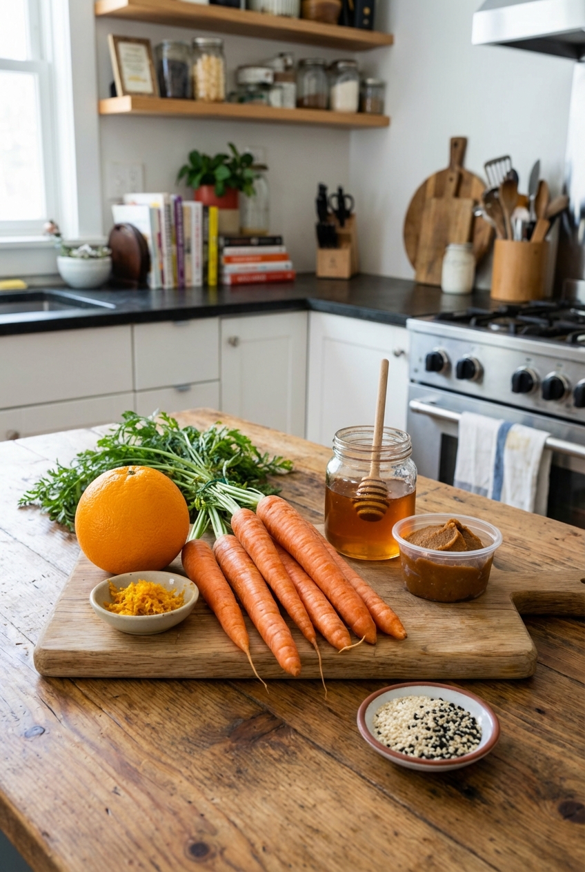 Ingredients for glazed carrots on a kitchen counter including carrots, an orange, honey, miso, and sesame seeds