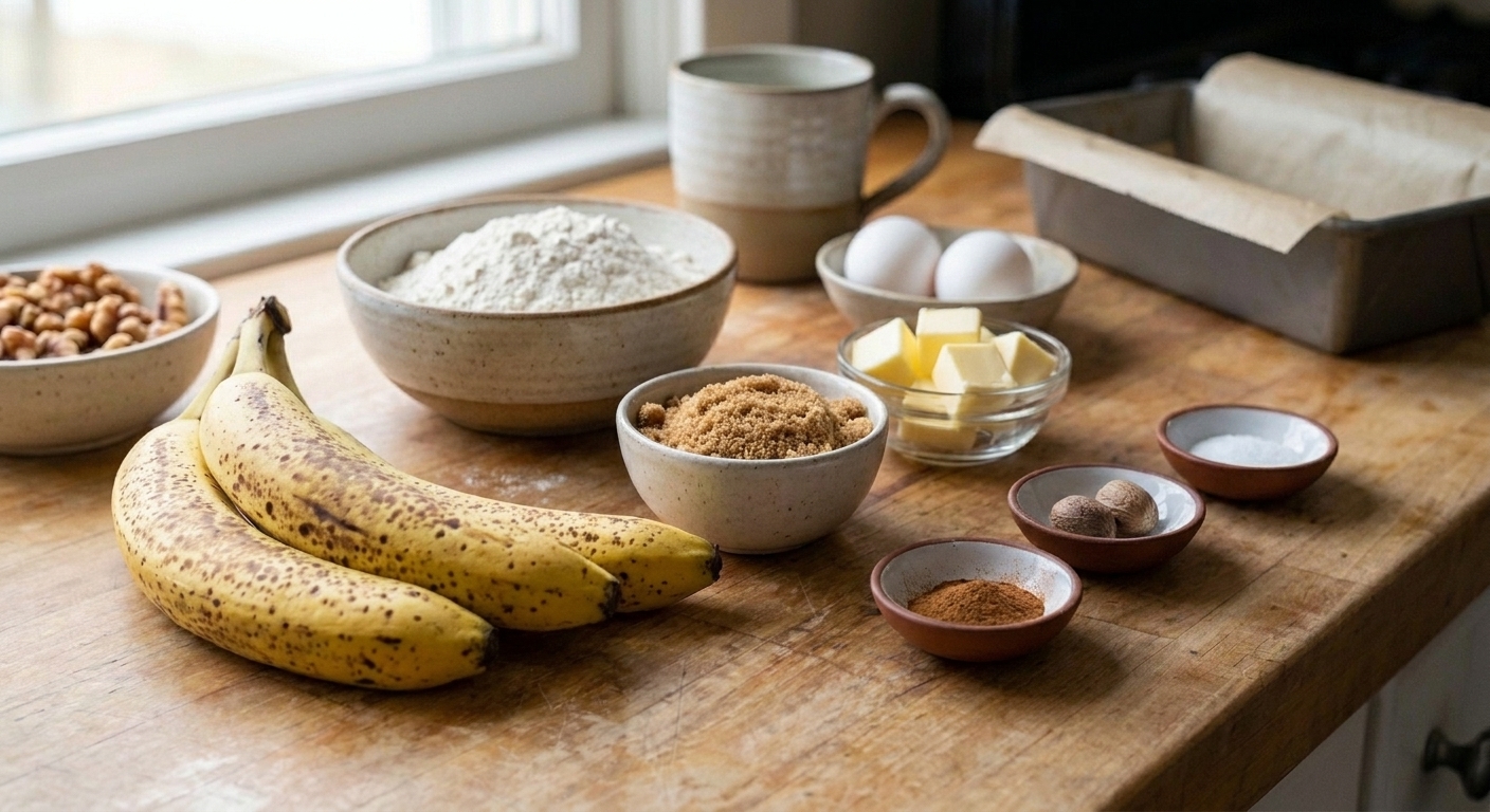 Ingredients for gluten free banana loaf arranged on a kitchen counter, including ripe bananas, gluten free flour, eggs, butter, sugar, and spices in small bowls