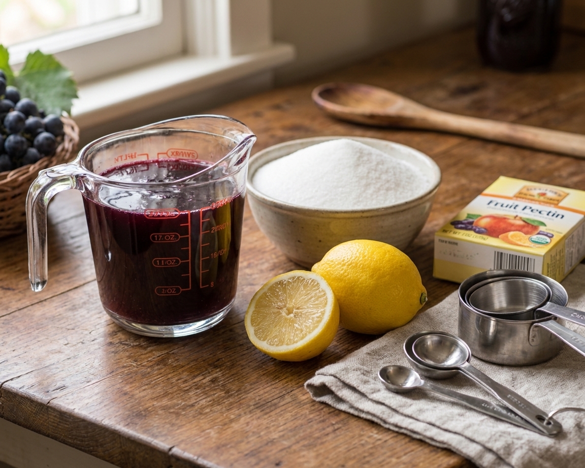Ingredients for grape jelly laid out on a clean kitchen counter including grape juice, sugar, lemon, and pectin with measuring cups