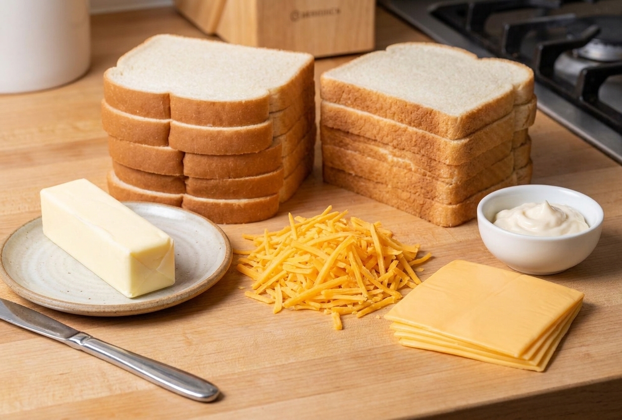 Ingredients for grilled cheese including sliced sandwich bread, a stick of butter, shredded cheddar, sliced American cheese, and a small bowl of mayonnaise on a neutral kitchen counter