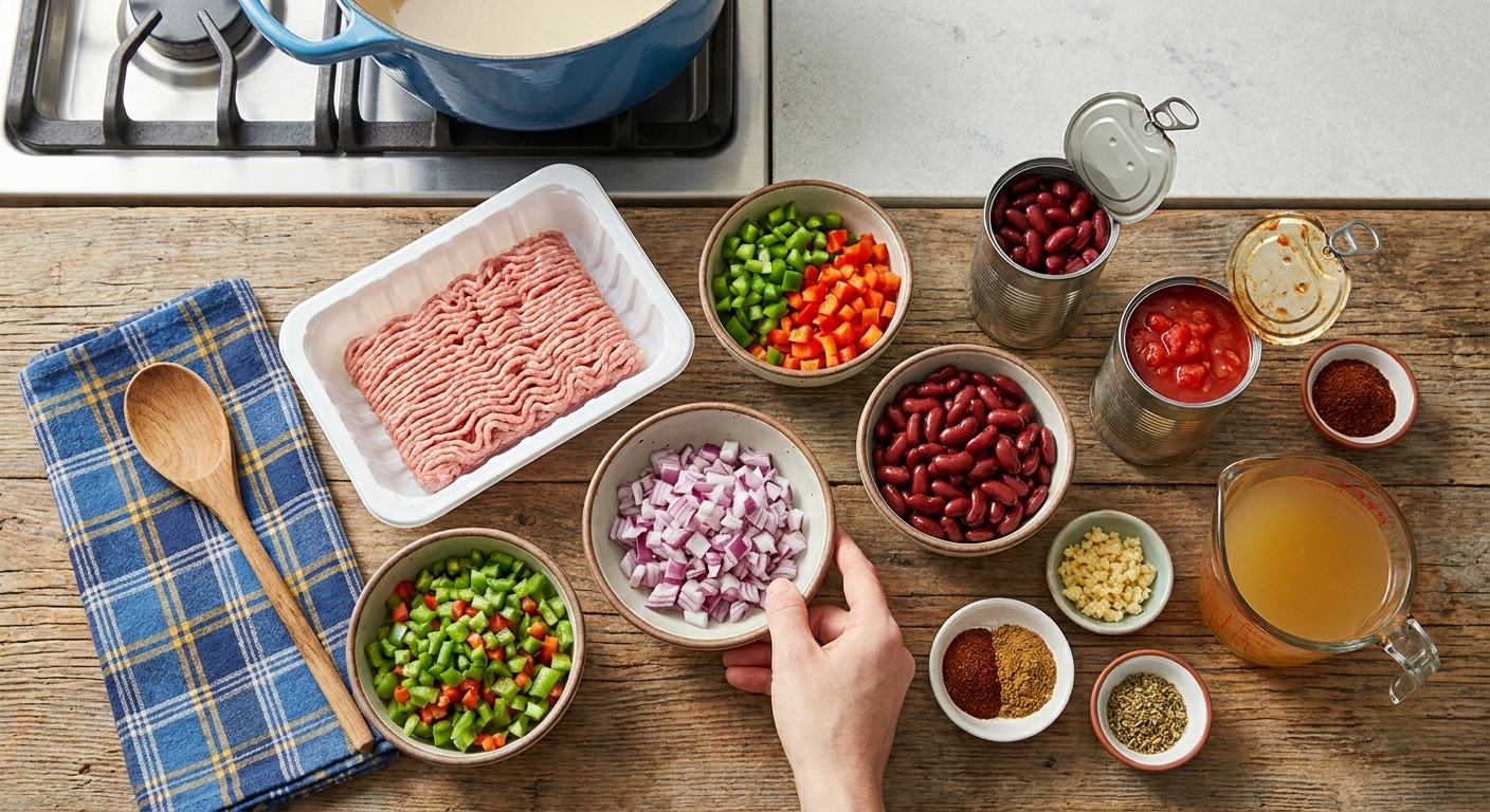 Ingredients for ground turkey chili on a counter, including ground turkey, canned beans, canned tomatoes, onion, bell pepper, garlic, spices, and broth