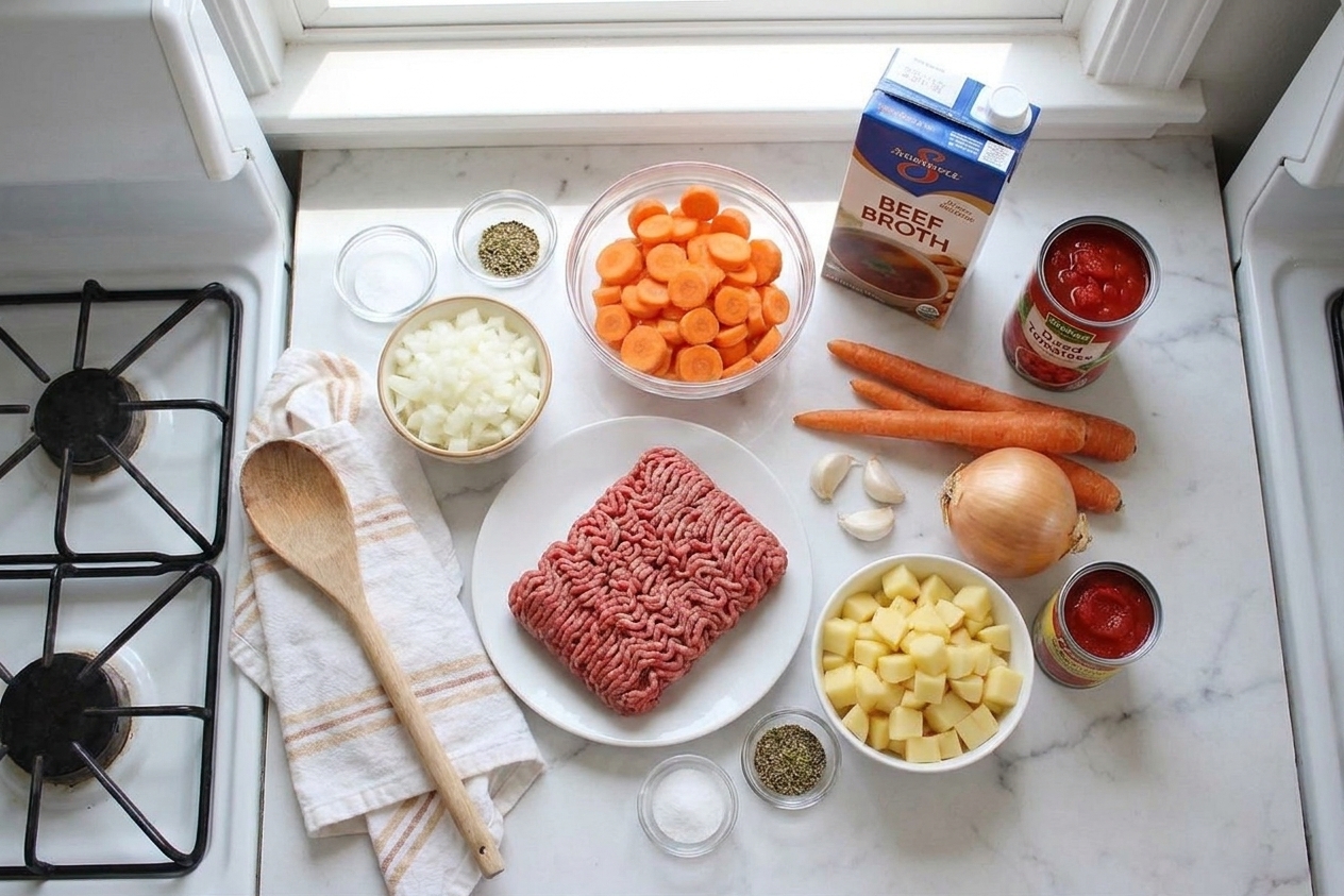 Ingredients for hamburger stew arranged on a kitchen counter, including ground beef, potatoes, carrots, onion, garlic, beef broth, canned diced tomatoes, tomato paste, and seasonings