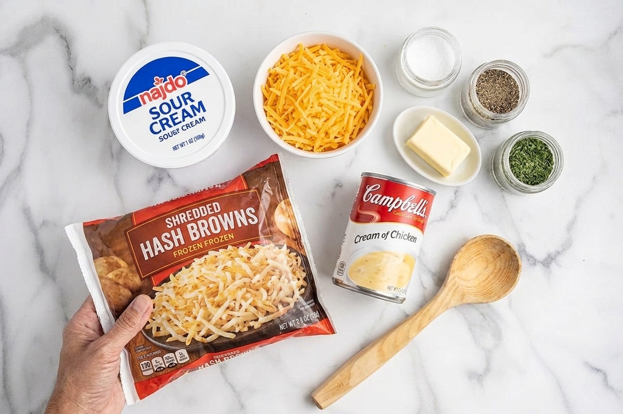 Ingredients for hashbrown casserole on a kitchen counter including frozen shredded hash browns, sour cream, shredded cheddar, cream of chicken soup, butter, and seasonings