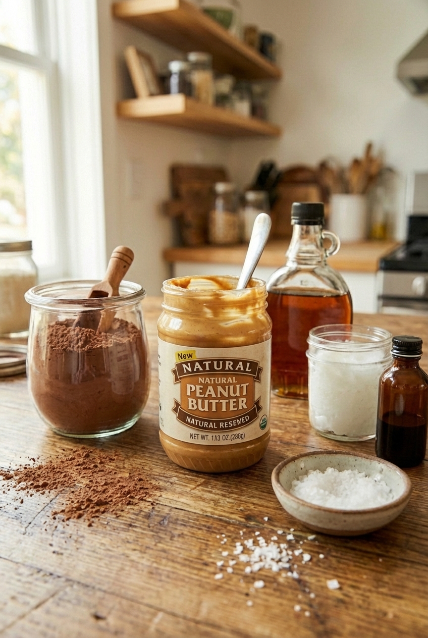 Ingredients for healthy fudge on a counter including cocoa powder, peanut butter, maple syrup, coconut oil, vanilla, and sea salt