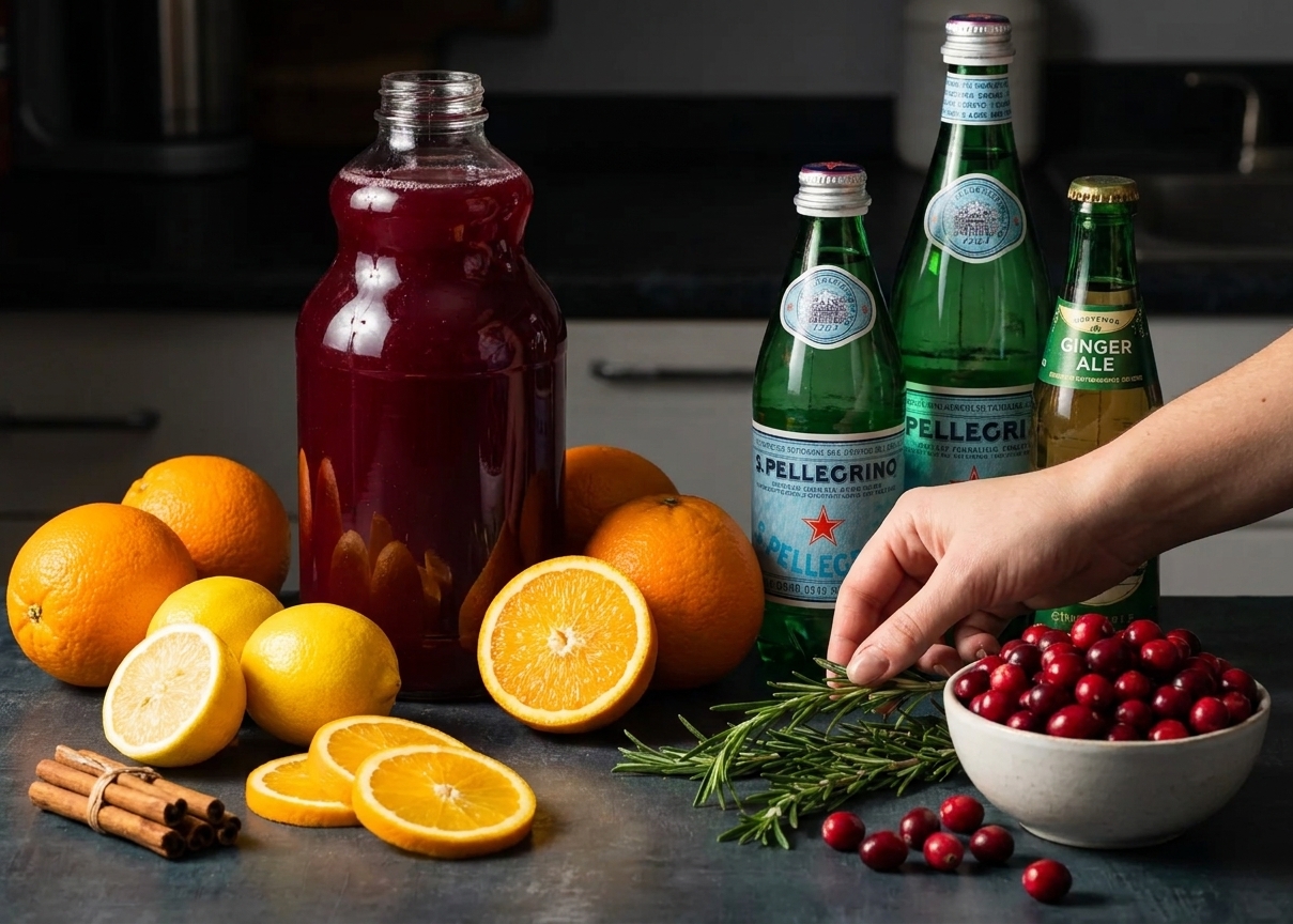 Ingredients for holiday punch arranged on a kitchen counter including cranberry juice, oranges, lemons, sparkling water, ginger ale, cinnamon sticks, fresh cranberries, and rosemary