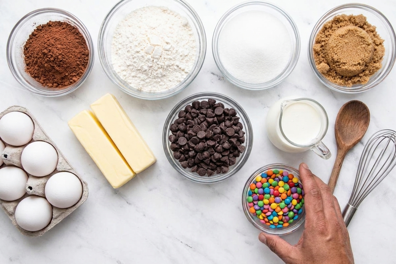 Ingredients for homemade cosmic brownies, including cocoa powder, flour, sugar, eggs, butter, chocolate chips, cream, and rainbow candy chips
