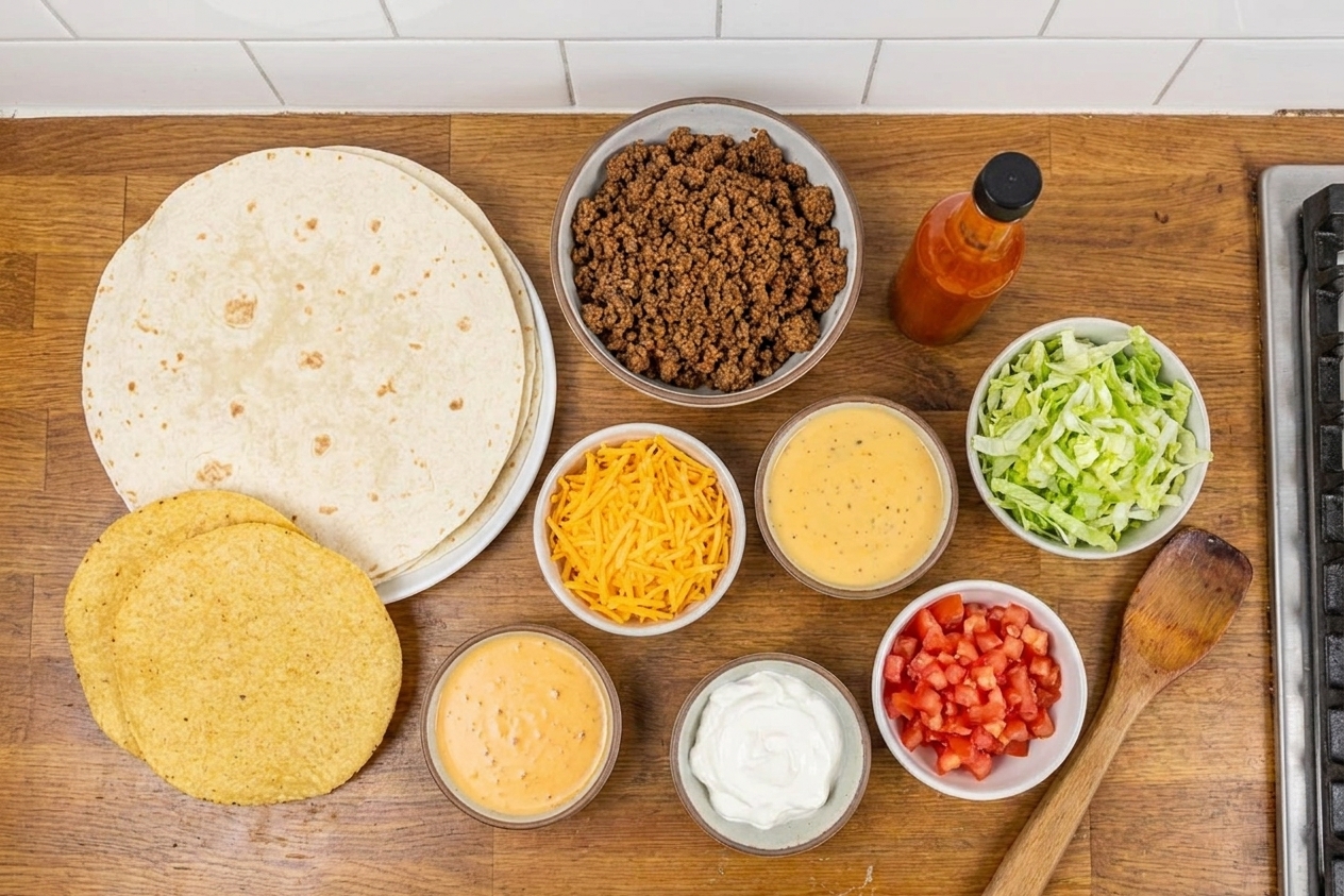 Ingredients for homemade crunchwraps arranged on a clean kitchen counter: tortillas, tostadas, cooked ground beef, shredded cheese, queso, lettuce, tomatoes, sour cream, and hot sauce