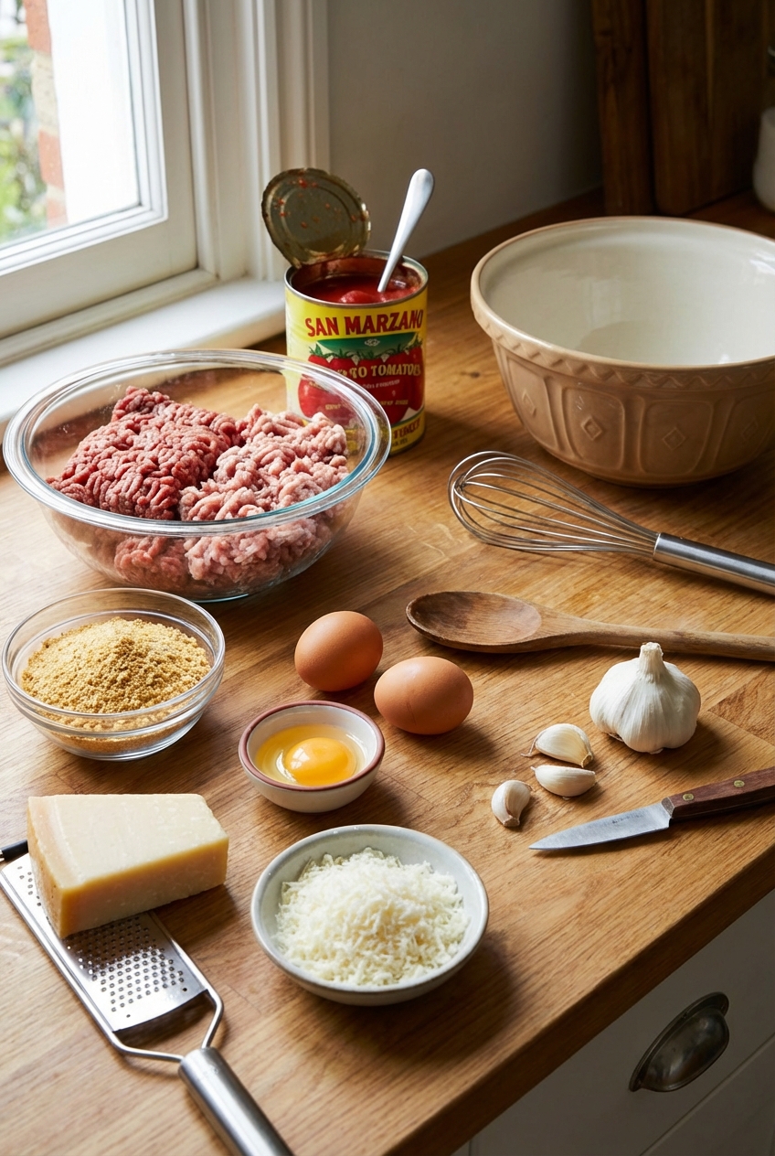 Ingredients for homemade meatballs on a counter: ground meat, breadcrumbs, eggs, Parmesan, garlic, and canned tomatoes
