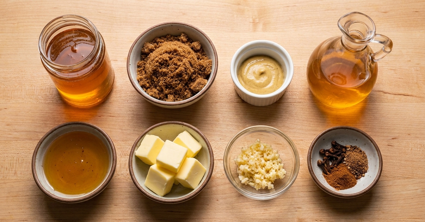 Ingredients for honey glaze on a light kitchen counter: honey, brown sugar, Dijon mustard, apple cider vinegar, butter, garlic, and spices in small bowls