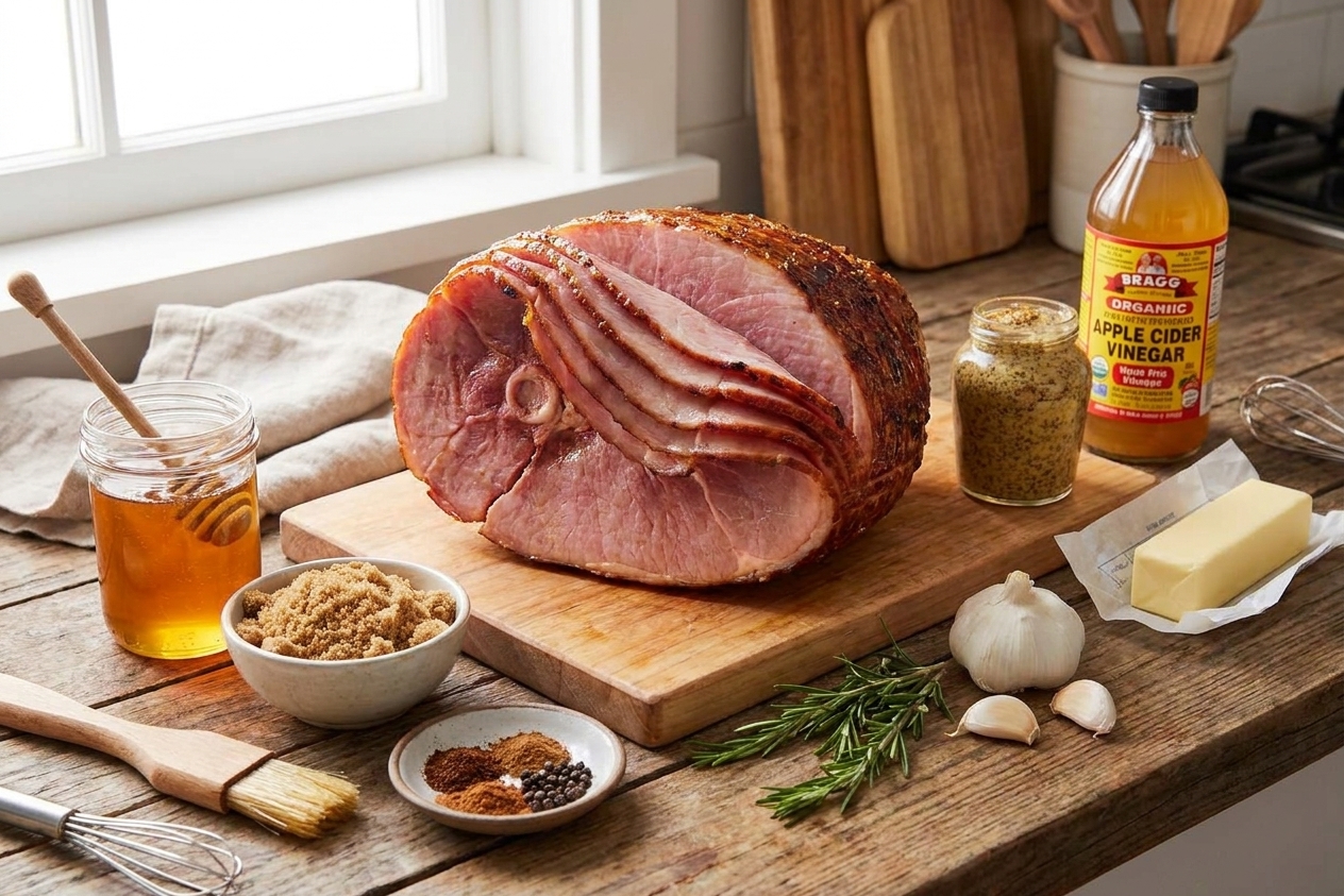 Ingredients for honey glazed ham arranged on a kitchen counter, including spiral ham, honey, brown sugar, Dijon mustard, butter, apple cider vinegar, garlic, and spices