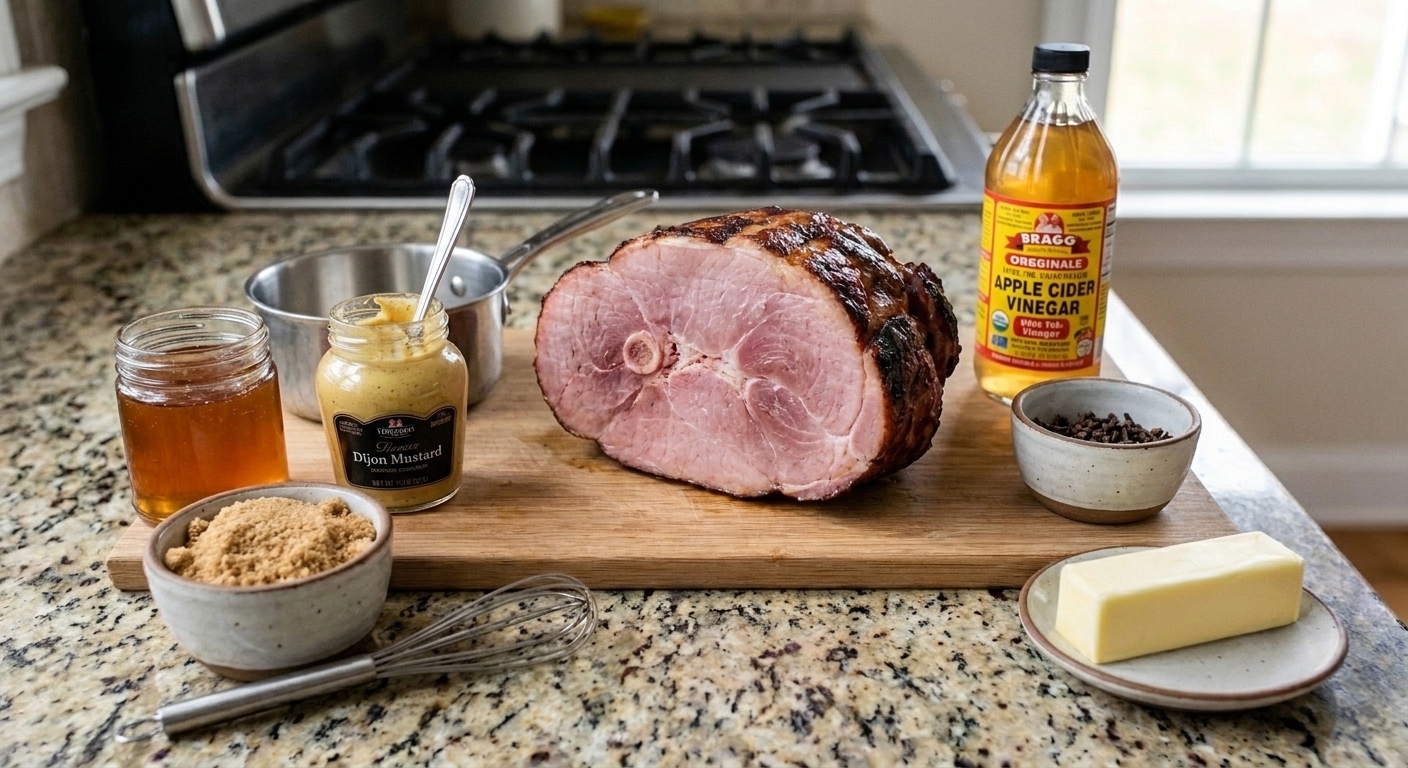 Ingredients for honey mustard glazed smoked ham arranged on a kitchen counter, including smoked ham, honey, Dijon mustard, brown sugar, apple cider vinegar, cloves, and butter