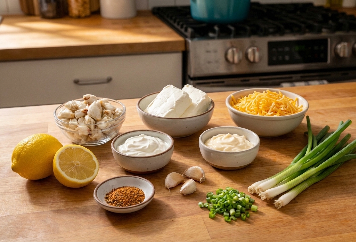 Ingredients for hot crab dip arranged on a kitchen counter, including lump crab meat, cream cheese, sour cream, mayonnaise, shredded cheese, lemon, Old Bay seasoning, garlic, and green onions