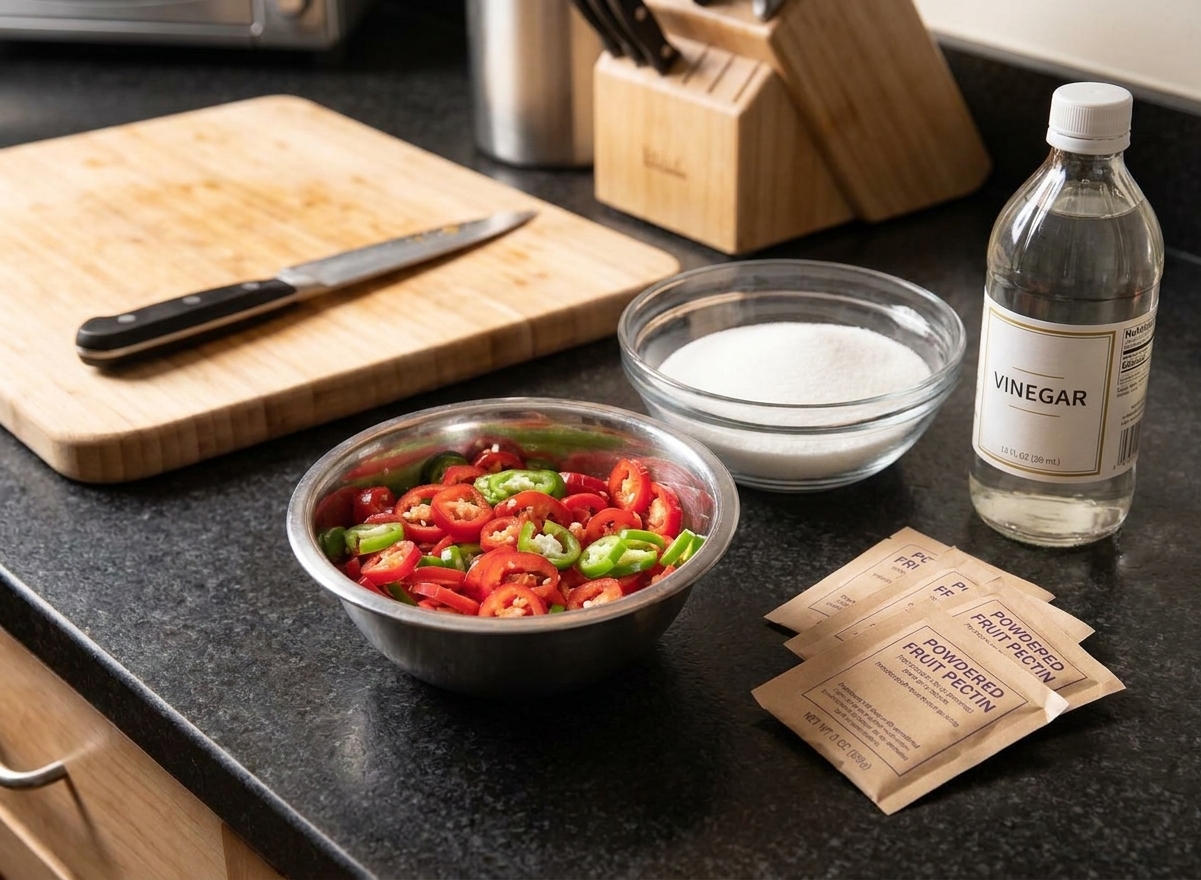 Ingredients for hot pepper jelly including chopped red and green peppers, a bowl of sugar, a bottle of white vinegar, and packets of pectin arranged on a clean kitchen counter