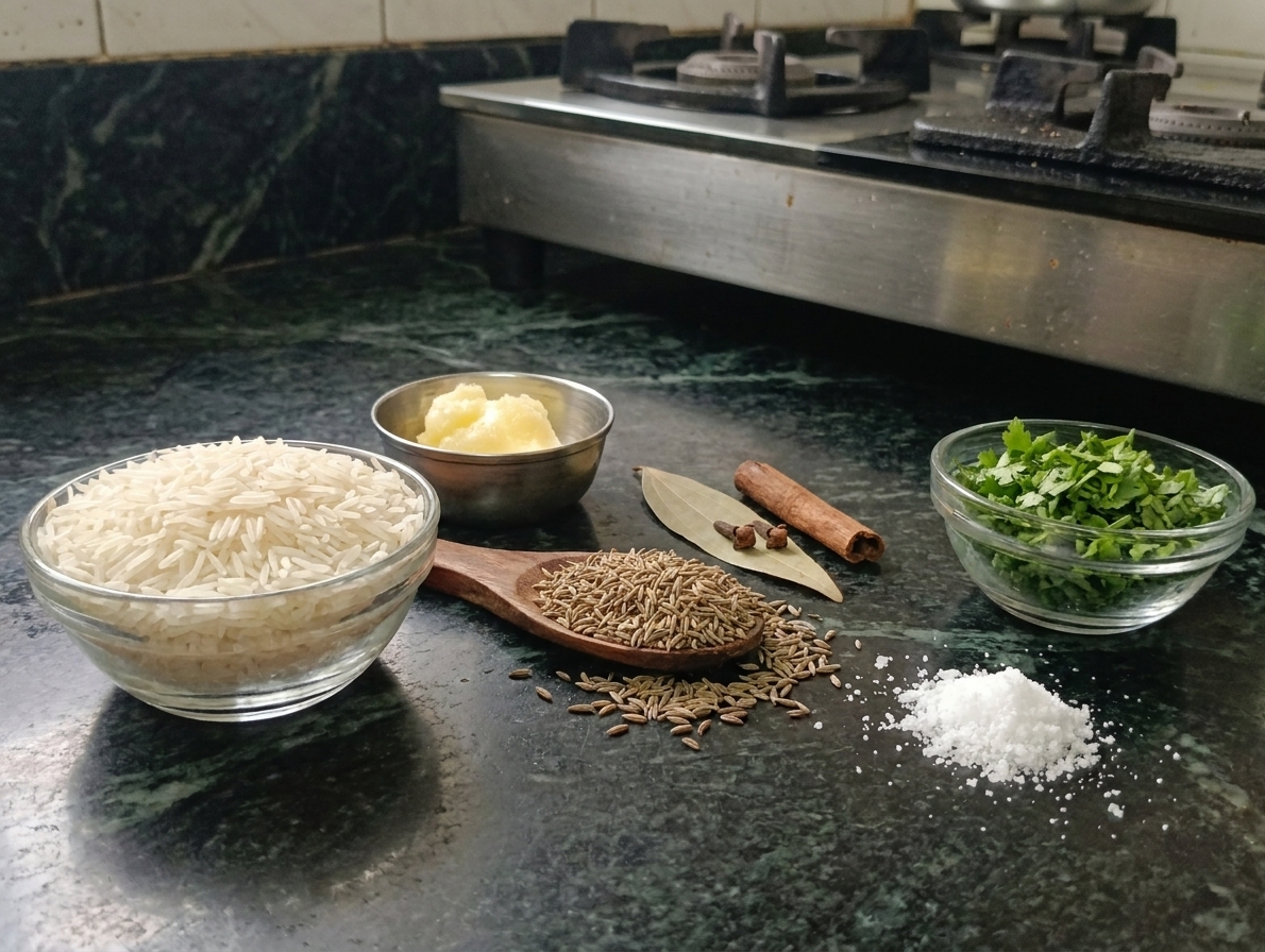 Ingredients for jeera rice: basmati rice, cumin seeds, ghee, whole spices, salt, and chopped cilantro