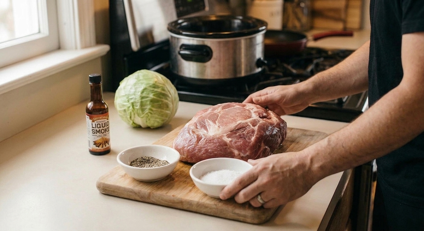 Ingredients for kalua pork on a light kitchen counter including a pork shoulder, kosher salt, black pepper, liquid smoke, and cabbage