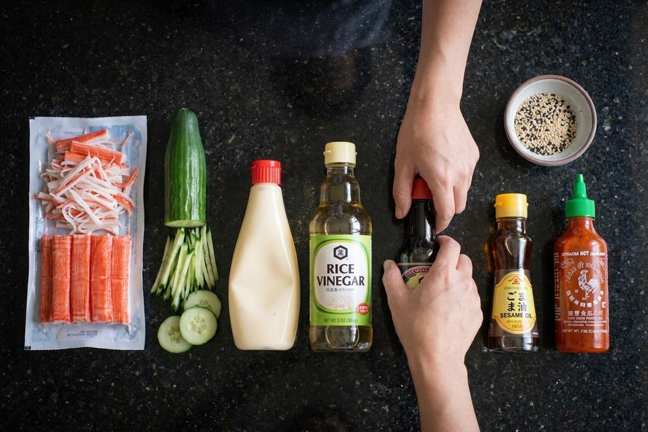 Ingredients for kani salad including imitation crab sticks, cucumber, Japanese mayonnaise, rice vinegar, soy sauce, sesame oil, sriracha, and sesame seeds arranged on a kitchen counter