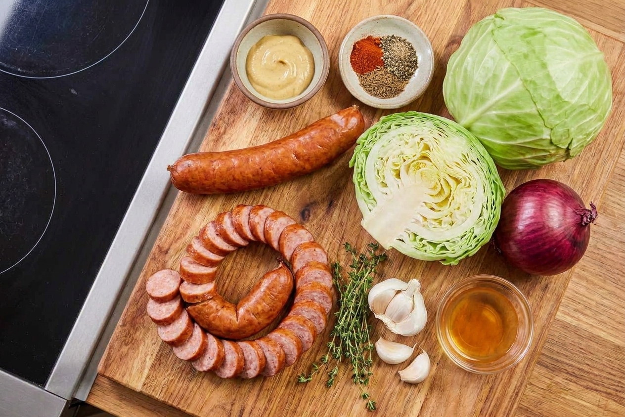 Ingredients for kielbasa and cabbage laid out on a counter, including kielbasa sausage, green cabbage, onion, garlic, Dijon mustard, apple cider vinegar, and spices
