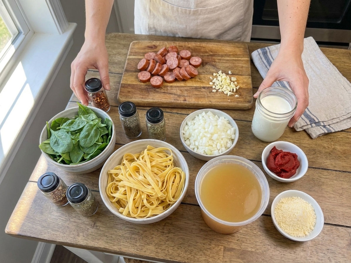 Ingredients for kielbasa pasta laid out on a bright kitchen counter including sliced kielbasa, pasta, garlic, onion, tomato paste, cream, spinach, parmesan, broth, and spices