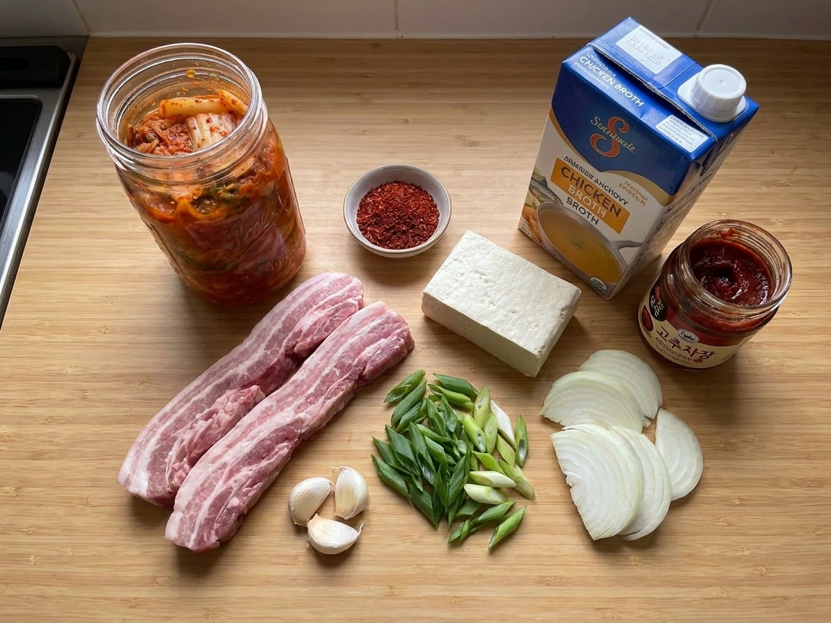 Ingredients for kimchi stew arranged on a kitchen counter, including kimchi, pork belly, tofu, scallions, onion, garlic, gochugaru, gochujang, and a carton of broth