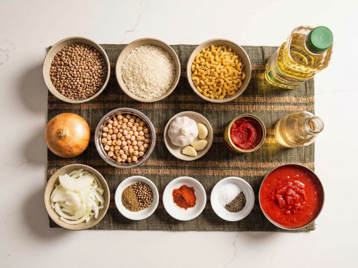 Ingredients for koshari arranged on a kitchen counter, including dried lentils, rice, small pasta, chickpeas, onions, garlic, tomato sauce ingredients, and spices in small bowls