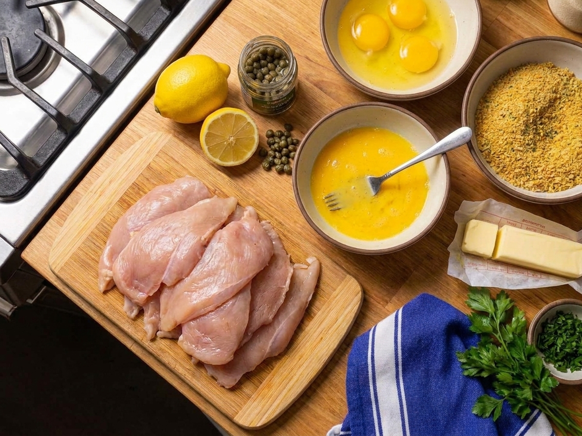 Ingredients for lemon-caper chicken cutlets arranged on a kitchen counter, including chicken breasts, lemons, capers, eggs, breadcrumbs, butter, and parsley