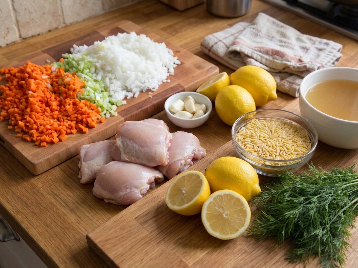 Ingredients for lemon chicken orzo soup arranged on a kitchen counter, including chicken thighs, carrots, celery, onion, garlic, lemons, orzo, broth, and fresh dill