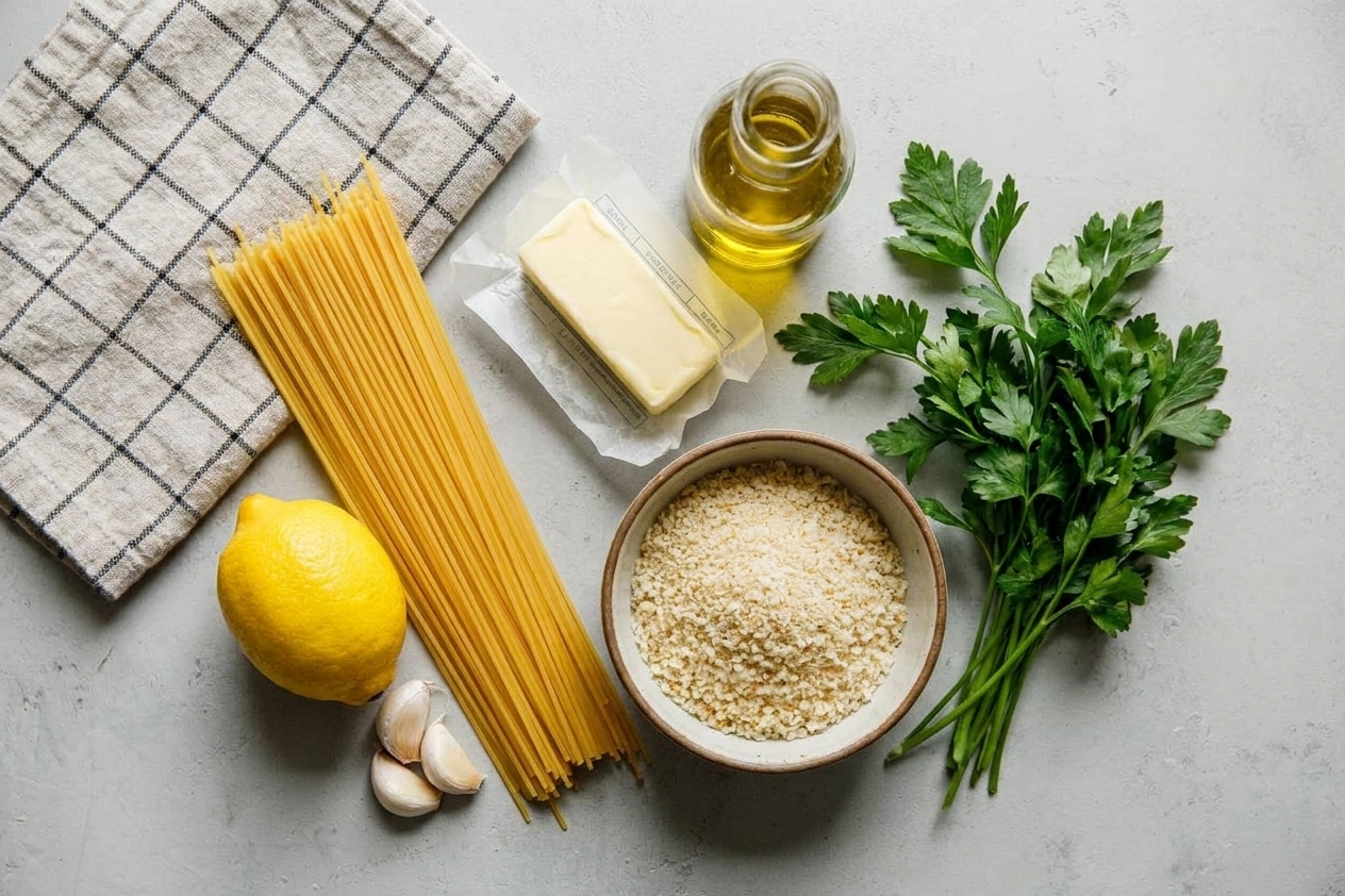 Ingredients for lemon garlic pasta on a kitchen counter: dry spaghetti, a lemon, garlic cloves, a stick of butter, olive oil, parsley, and a bowl of panko breadcrumbs