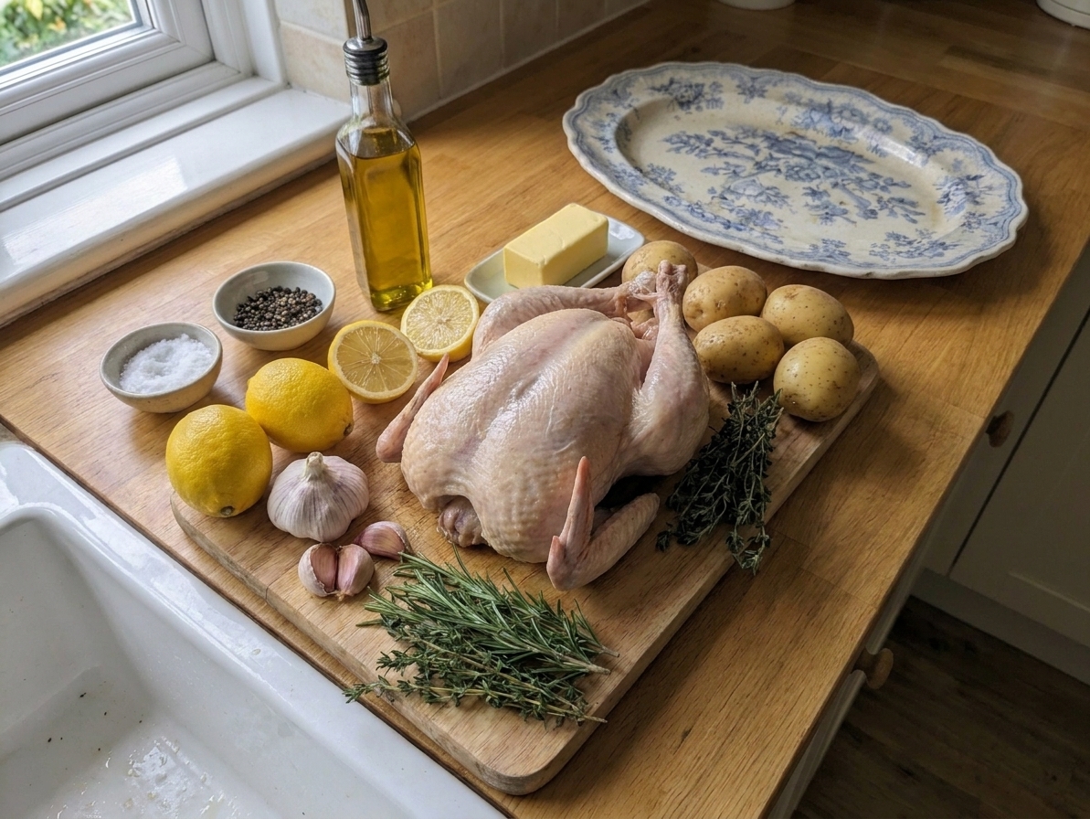 Ingredients for lemon herb roast chicken arranged on a clean kitchen counter, including whole chicken, lemons, herbs, potatoes, garlic, butter, and olive oil