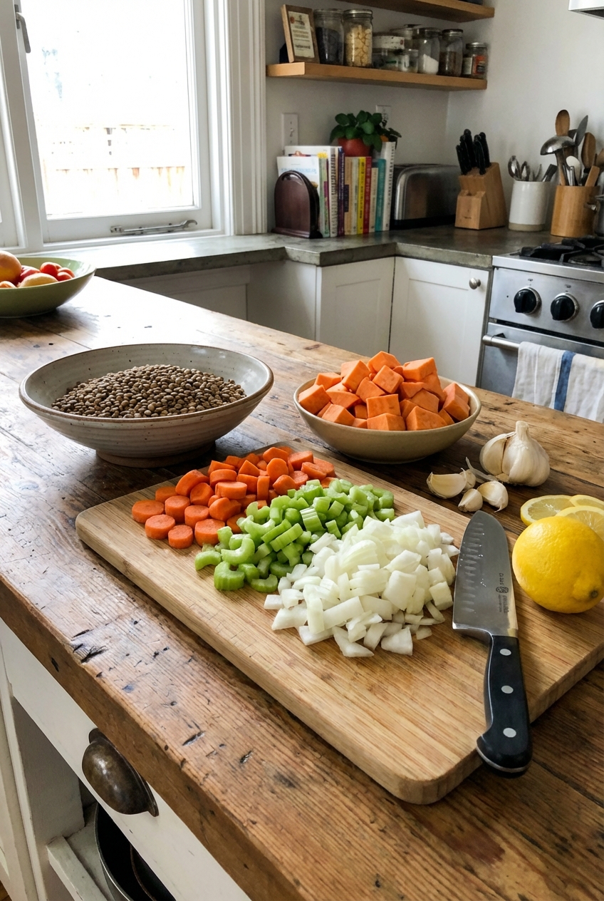 Ingredients for lentil soup on a kitchen counter, including lentils, chopped carrots, celery, onion, sweet potato, garlic, and a lemon