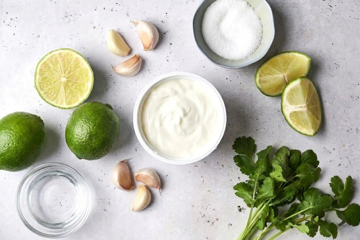 Ingredients for lime crema arranged on a kitchen counter: sour cream, limes, garlic, salt, cilantro, and a small bowl of water