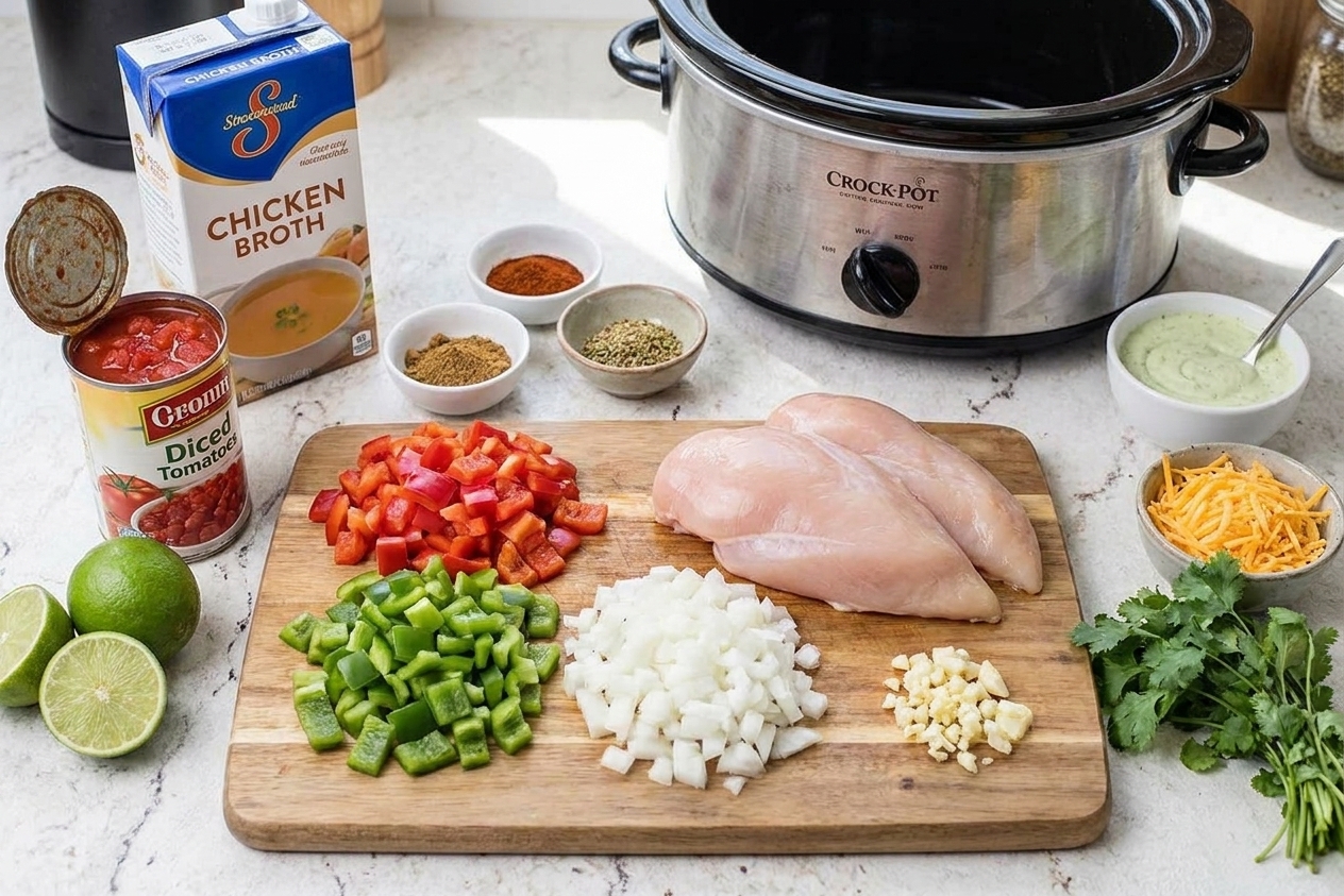 Ingredients for low carb slow cooker chicken taco soup on a kitchen counter, including chicken, bell peppers, onion, garlic, canned tomatoes, broth, spices, limes, and toppings