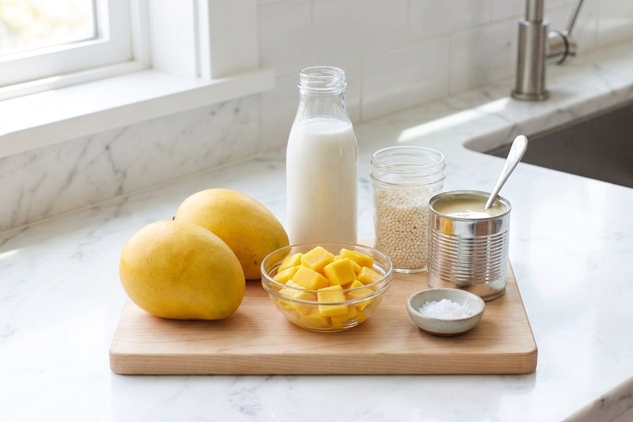Ingredients for mango sago laid out on a clean kitchen counter including ripe mangoes, coconut milk, sago pearls, condensed milk, and a small bowl of salt