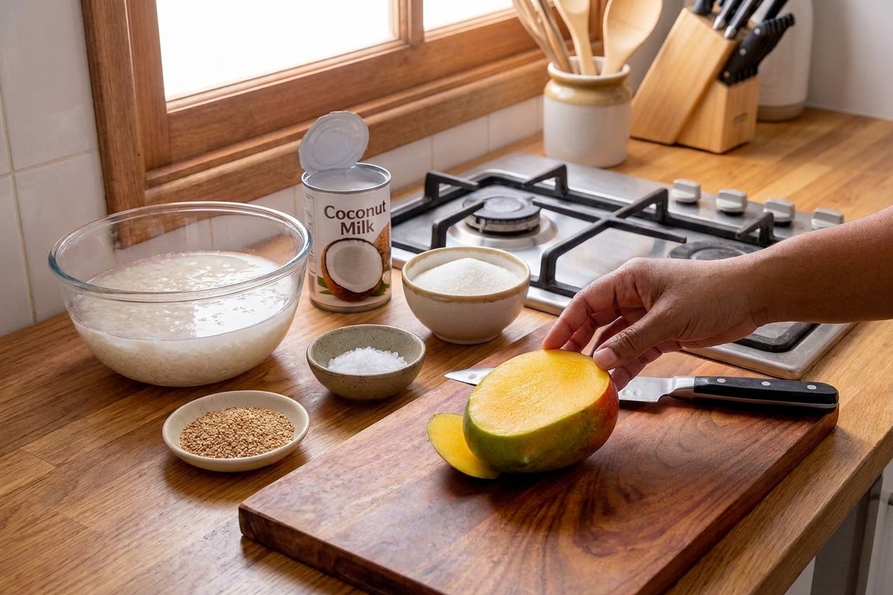 Ingredients for mango sticky rice on a kitchen counter: a bowl of glutinous rice, a can of coconut milk, granulated sugar, salt, ripe mangoes, and a small dish of sesame seeds in consistent warm kitchen lighting