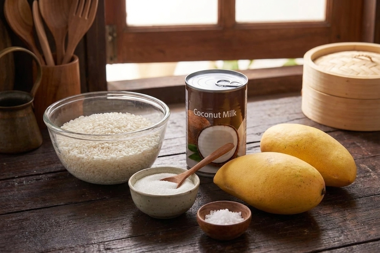 Ingredients for mango sticky rice on a kitchen counter including a bowl of glutinous rice, a can of coconut milk, sugar, salt, and whole ripe mangoes in warm natural light