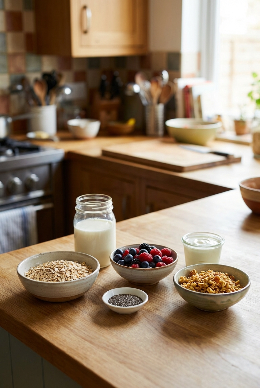 Ingredients for oatmeal on a kitchen counter including rolled oats, milk, berries, chia seeds, yogurt, and granola in small bowls