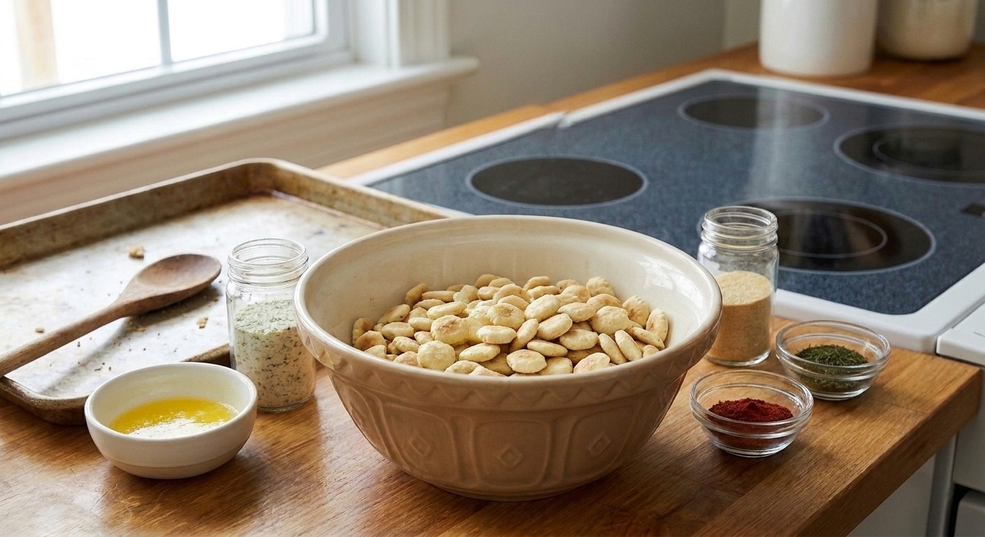 Ingredients for oyster cracker snack mix arranged on a kitchen counter: oyster crackers, melted butter, ranch seasoning, garlic powder, dill, and paprika