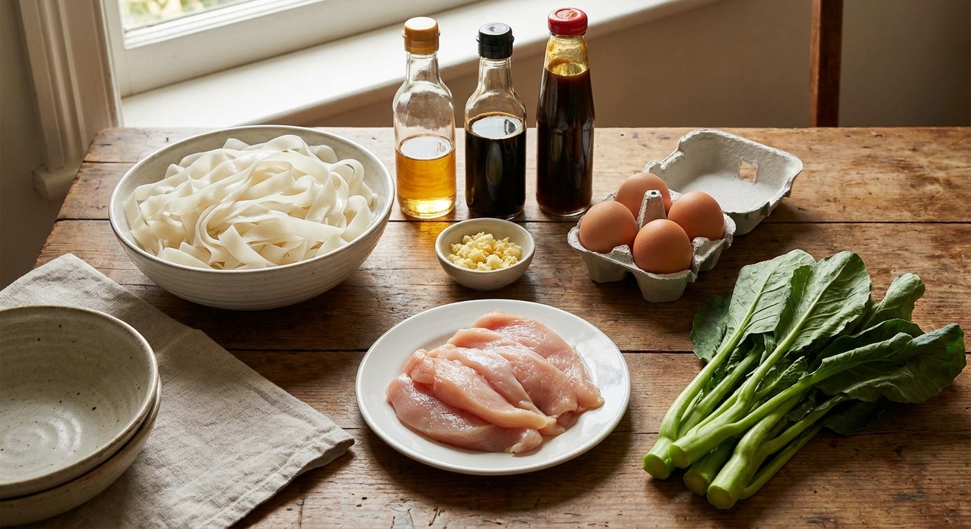 Ingredients for pad see ew including wide rice noodles, soy sauces, oyster sauce, garlic, eggs, chicken, and Chinese broccoli