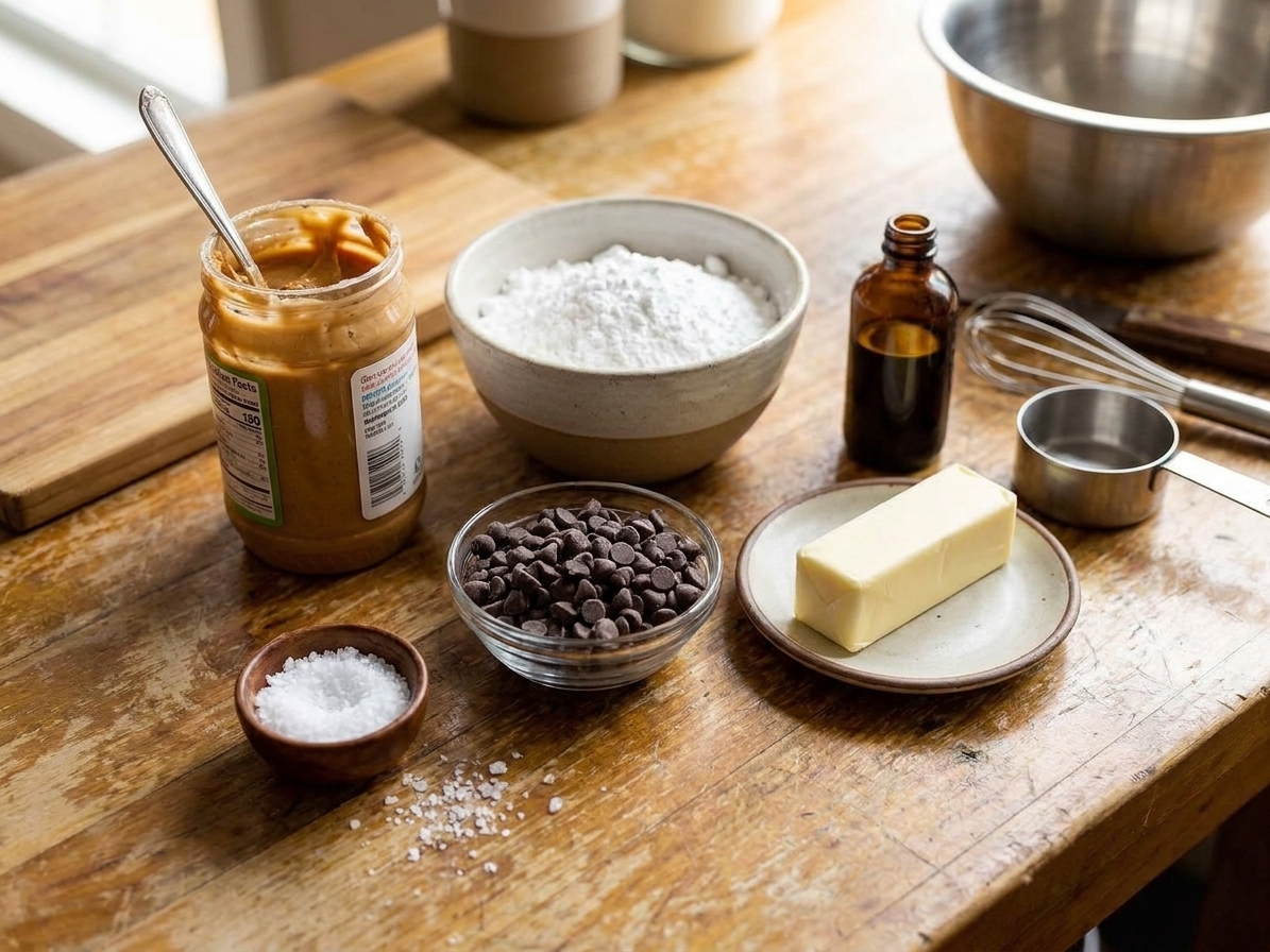 Ingredients for peanut butter cup bars arranged on a kitchen counter, including peanut butter, powdered sugar, chocolate chips, butter, vanilla, and flaky salt