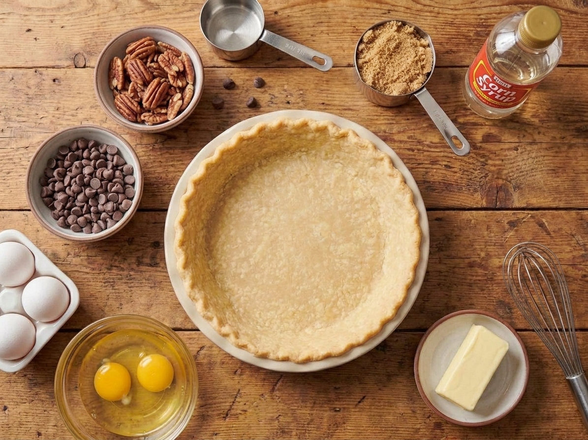 Ingredients for pecan chocolate pie arranged on a kitchen counter including pecans, eggs, brown sugar, corn syrup, butter, chocolate chips, and a pie crust