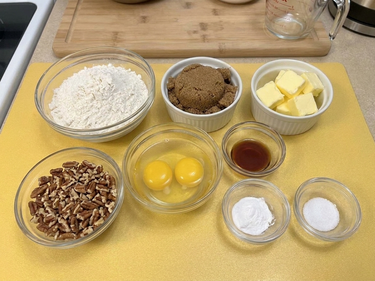 Ingredients for pecan cookies arranged on a light kitchen counter, including flour, brown sugar, butter, eggs, vanilla, chopped pecans, baking soda, and salt in small bowls